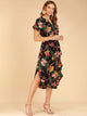 Floral Print Notched Neck Belted Curved Hem Dress