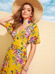 Floral Print Flutter Sleeve Wide Waistband Dress