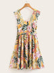 Floral Print Ruffle Trim Belted Swing Dress