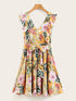 Floral Print Ruffle Trim Belted Swing Dress