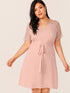 Plus Eyelash Lace Trim Self Belted Dress
