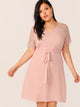 Plus Eyelash Lace Trim Self Belted Dress
