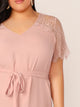 Plus Eyelash Lace Trim Self Belted Dress