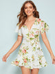 Surplice Neck Ruffle Trim Wrap Knot Floral Dress