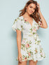 Surplice Neck Ruffle Trim Wrap Knot Floral Dress