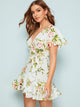 Surplice Neck Ruffle Trim Wrap Knot Floral Dress
