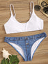 Button Front Top With Denim Print Bikini Set