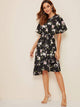 Floral Print Ruffle Hem Belted Dress