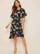 Floral Print Ruffle Hem Belted Dress