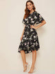 Floral Print Ruffle Hem Belted Dress