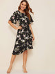 Floral Print Ruffle Hem Belted Dress