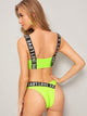 Neon Lime Letter Tape Zipper Up High Cut Bikini