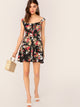 Floral Print Button Front Bustier Bra Flare Dress