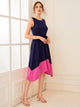  Two Tone Belted Asymmetrical Hem Dress