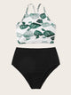 Cactus Print Criss-cross Top With High Waist Bikini Set