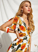 Floral Print Petal Sleeve Wrap Belted Dress