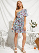 One Shoulder Layered Ruffle Hem Belted Floral Dress