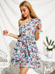 One Shoulder Layered Ruffle Hem Belted Floral Dress