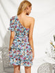 One Shoulder Layered Ruffle Hem Belted Floral Dress