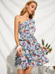 One Shoulder Layered Ruffle Hem Belted Floral Dress