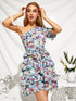 One Shoulder Layered Ruffle Hem Belted Floral Dress