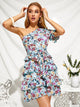 One Shoulder Layered Ruffle Hem Belted Floral Dress