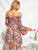 Shirred Bodice Frill Trim Trumpet Sleeve Floral Bardot Dress