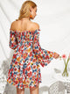 Shirred Bodice Frill Trim Trumpet Sleeve Floral Bardot Dress