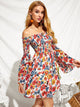 Shirred Bodice Frill Trim Trumpet Sleeve Floral Bardot Dress