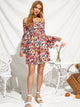 Shirred Bodice Frill Trim Trumpet Sleeve Floral Bardot Dress