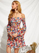 Shirred Bodice Frill Trim Trumpet Sleeve Floral Bardot Dress