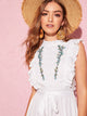 Ruffle Trim Embroidery Belted Dress