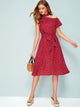 Asymmetrical Neck Ruffle Trim Heart Print Belted Dress