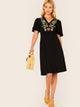Floral Embroidery Appliques Front Flutter Sleeve Dress
