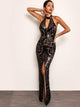 Joyfunear Split Hem Backless Halter Sequin Maxi Dress
