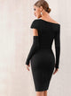 Adyce Asymmetrical Neck Slit Hem Belted Bodycon Dress