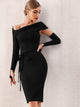 Adyce Asymmetrical Neck Slit Hem Belted Bodycon Dress