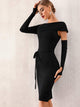 Adyce Asymmetrical Neck Slit Hem Belted Bodycon Dress
