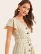 Flutter Sleeve Buckle Belted Button Up Tea Dress