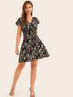 Ditsy Floral Shirred Waist V-neck Dress