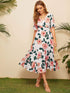 Surplice Large Floral Print Ruffle Hem Dress
