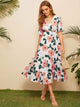 Surplice Large Floral Print Ruffle Hem Dress