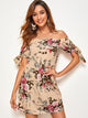 Botanical Print Tie Cuff Off Shoulder Dress
