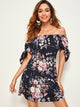 Botanical Print Tie Cuff Off Shoulder Dress
