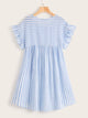 Ruffle Cuff Curved Hem Striped Smock Dress