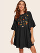Embroidered Floral Flounce Sleeve Smock Dress