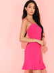 Neon Pink Lace Up Backless Ruffle Hem Slip Dress