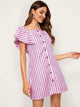Striped Button Front Butterfly Sleeve Dress