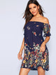 Floral Print Ruffle Cuff Bardot Tunic Dress