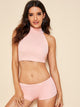 Solid High Neck Top With Short 2piece Swim